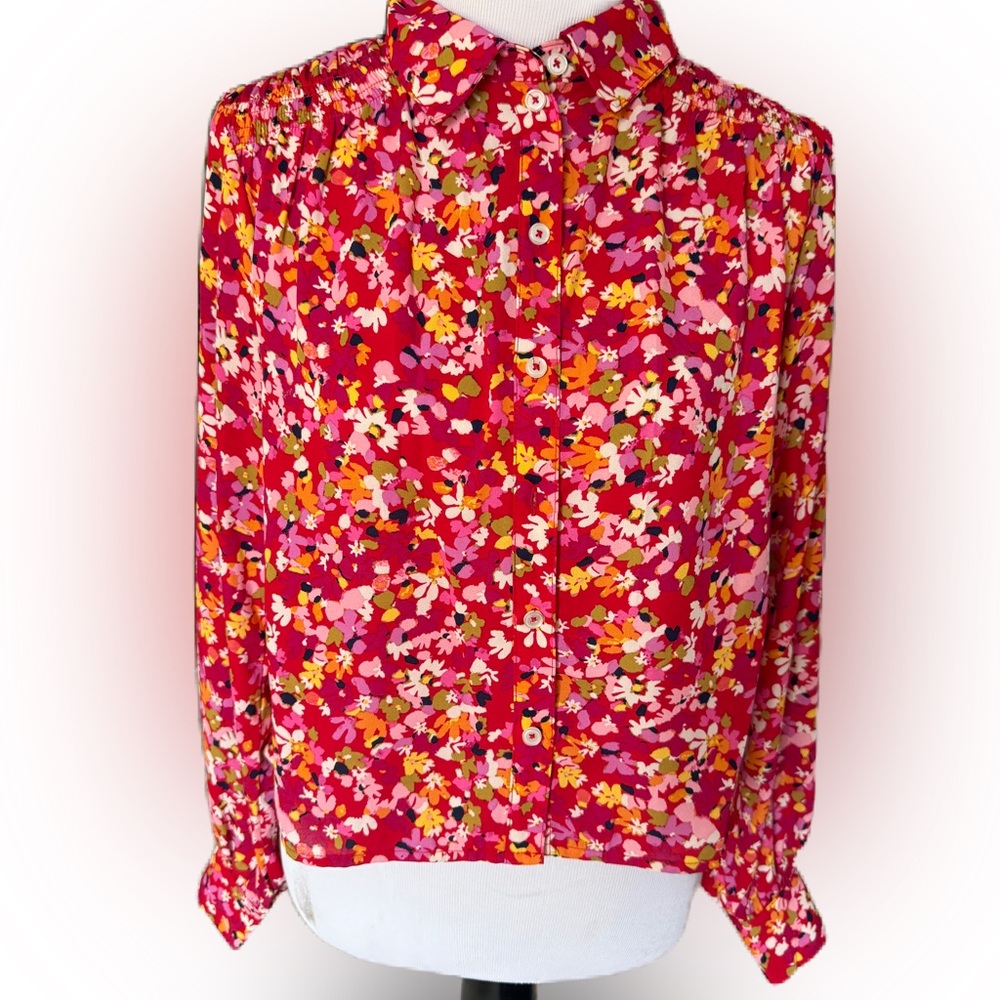 Sanctuary by Anthropologie Red Floral Button Up Long Sleeved Blouse. Size small